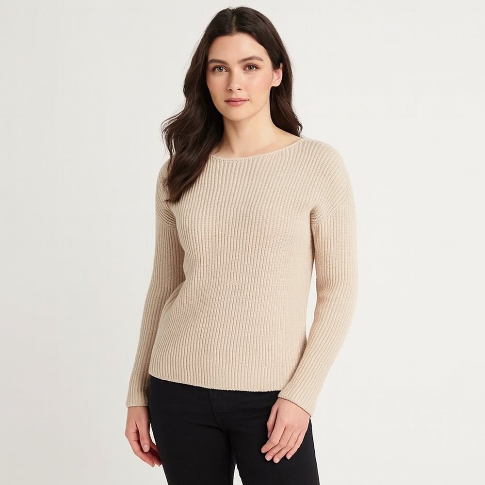 Old Navy Classic Beige Nude Rib-Knit Cotton-Blend Pullover Sweater - Medium
